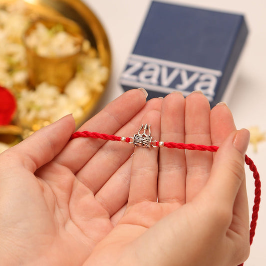 Divine Lord Shiva Trishul Rakhi With White Stones Rhodium-Plated Sterling Silver Thread Rakhi For Him