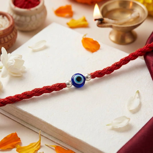 Classic Evil Eye Beaded Silver Thread Rakhi (ALVINA Signature)