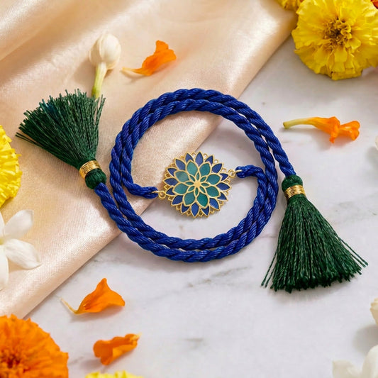 Blue Lotus Mandala Gold Plated Silver Enamel Rakhi (ALVINA Signature)