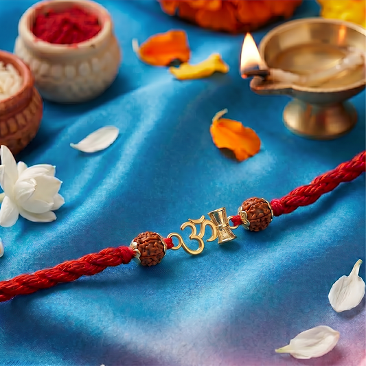 Divine Om Damru Rudraksha Gold Plated 925 Silver Rakhi