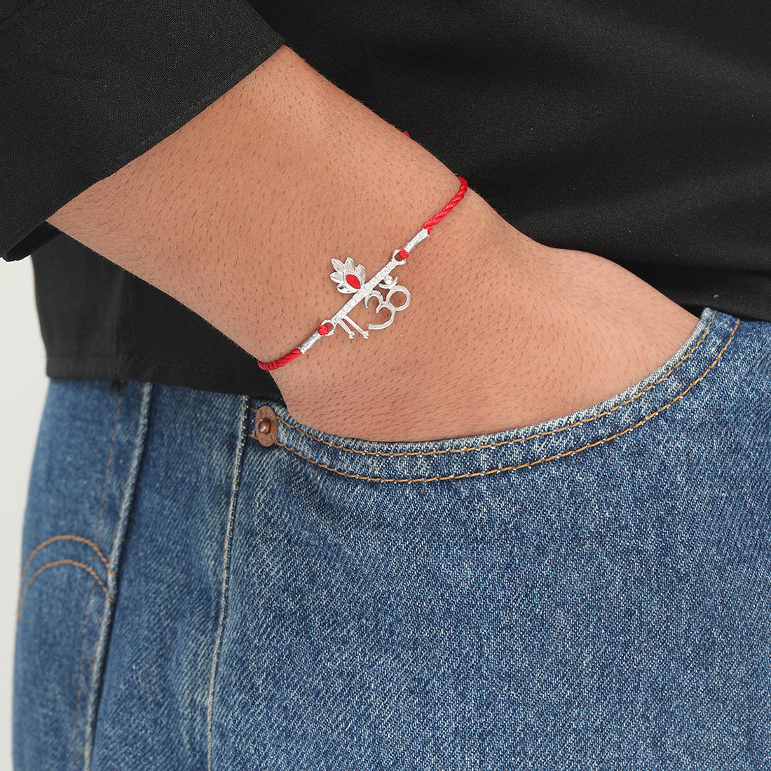 Om Charm Rhodium-Plated Sterling Silver Thread Rakhi For Him