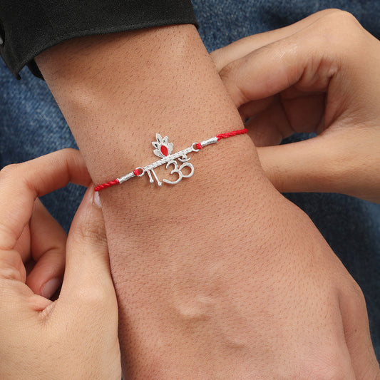 Om Charm Rhodium-Plated Sterling Silver Thread Rakhi For Him