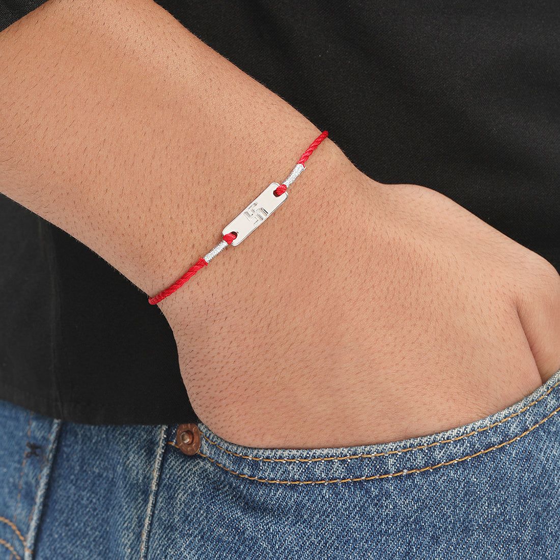 Swastik Charm Rhodium-Plated Sterling Silver Thread Rakhi For Him