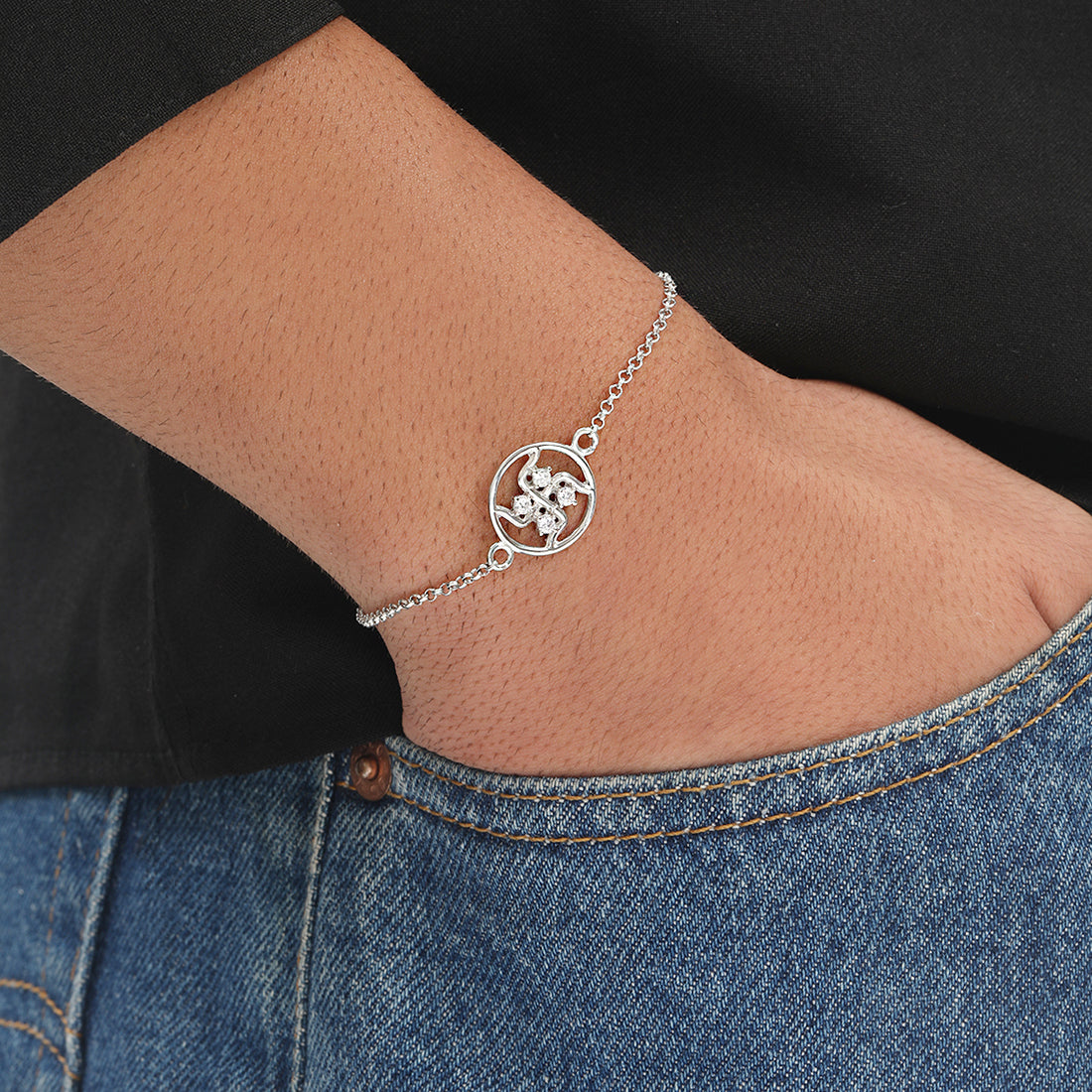 Swastik Charm With Cubic Zirconia Rhodium-Plated Sterling Silver Adjustable Link Chain Rakhi For Him