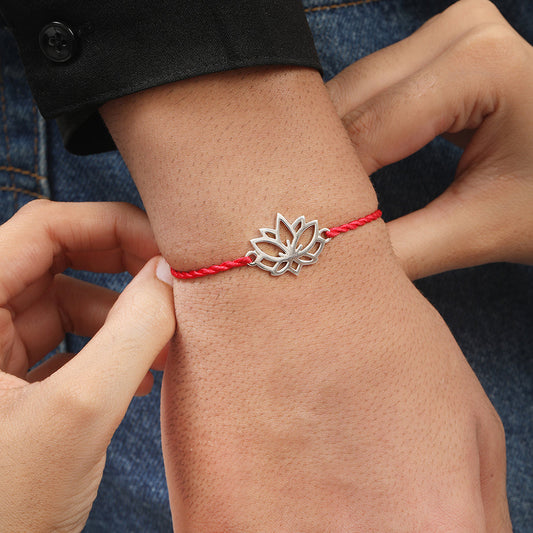 Lotus Blossom Rhodium Plated Silver Thread Rakhi