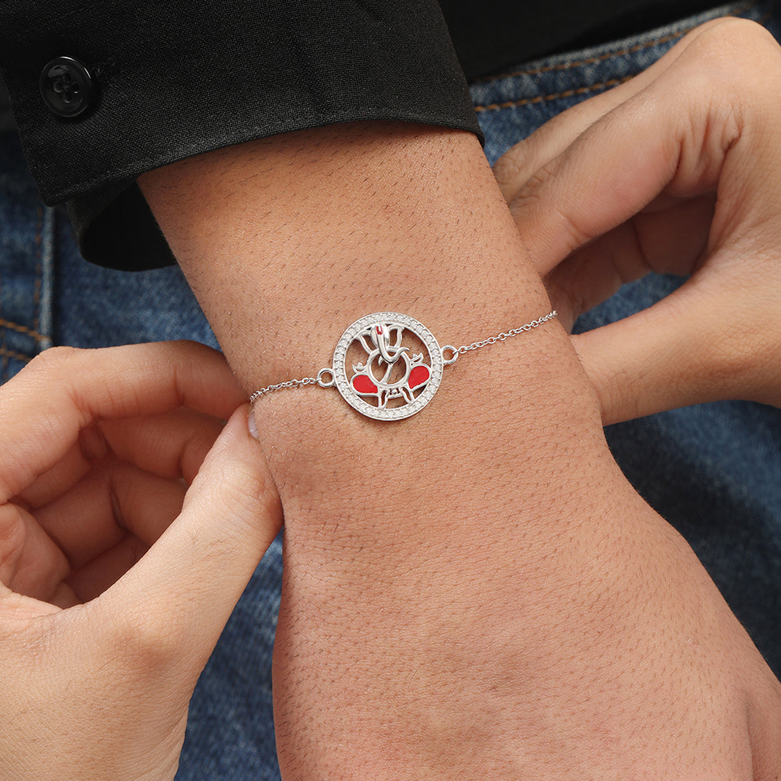 Ganesh Ji Blessings Rhodium-Plated CZ Sterling Silver Chain Rakhi