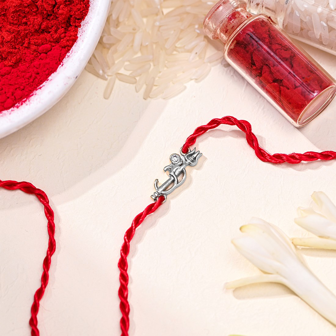 Divine Om & Trishul Charm CZ Silver Rakhi
