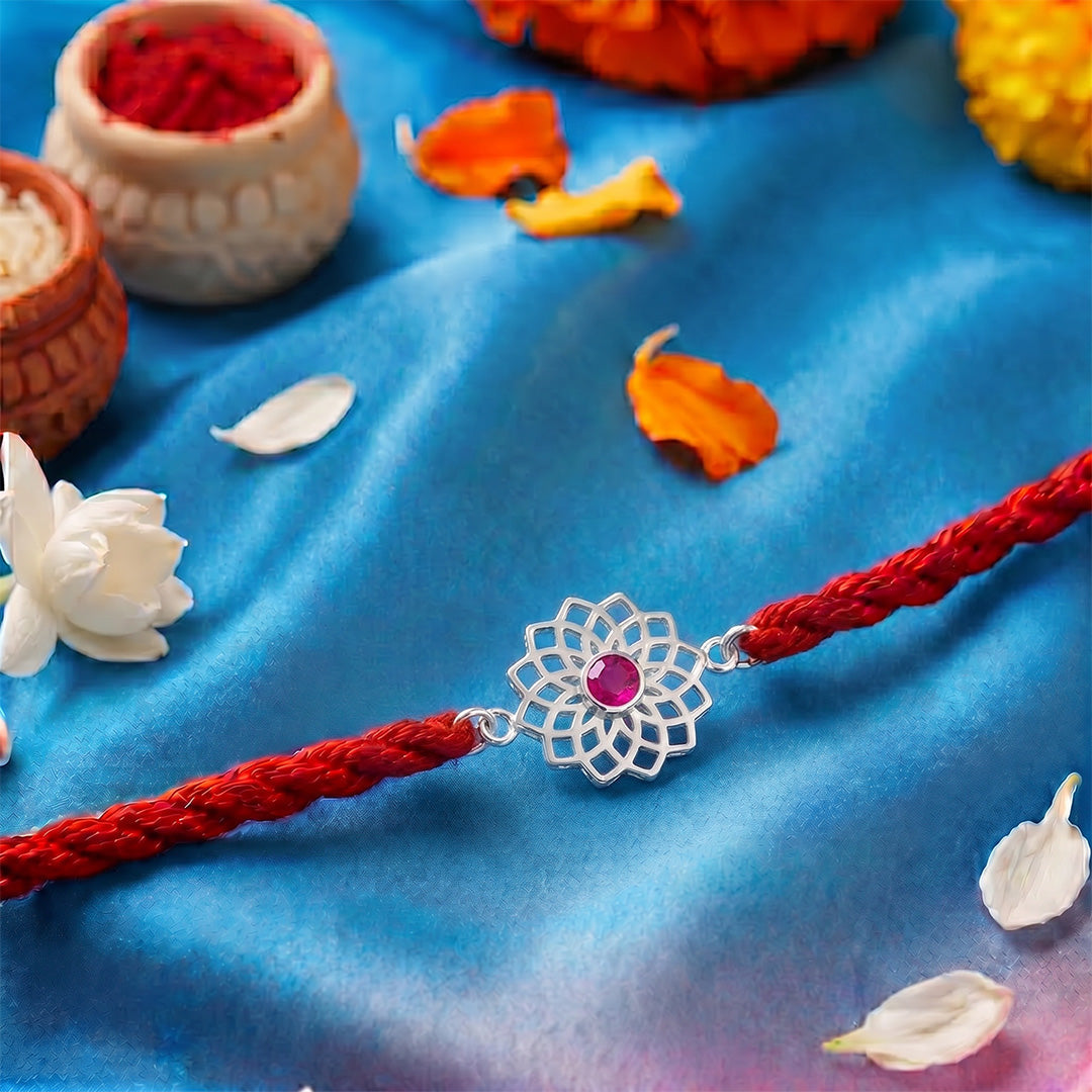 Radiant Lotus Mandala CZ Rhodium Plated Silver Rakhi (ALVINA Signature)