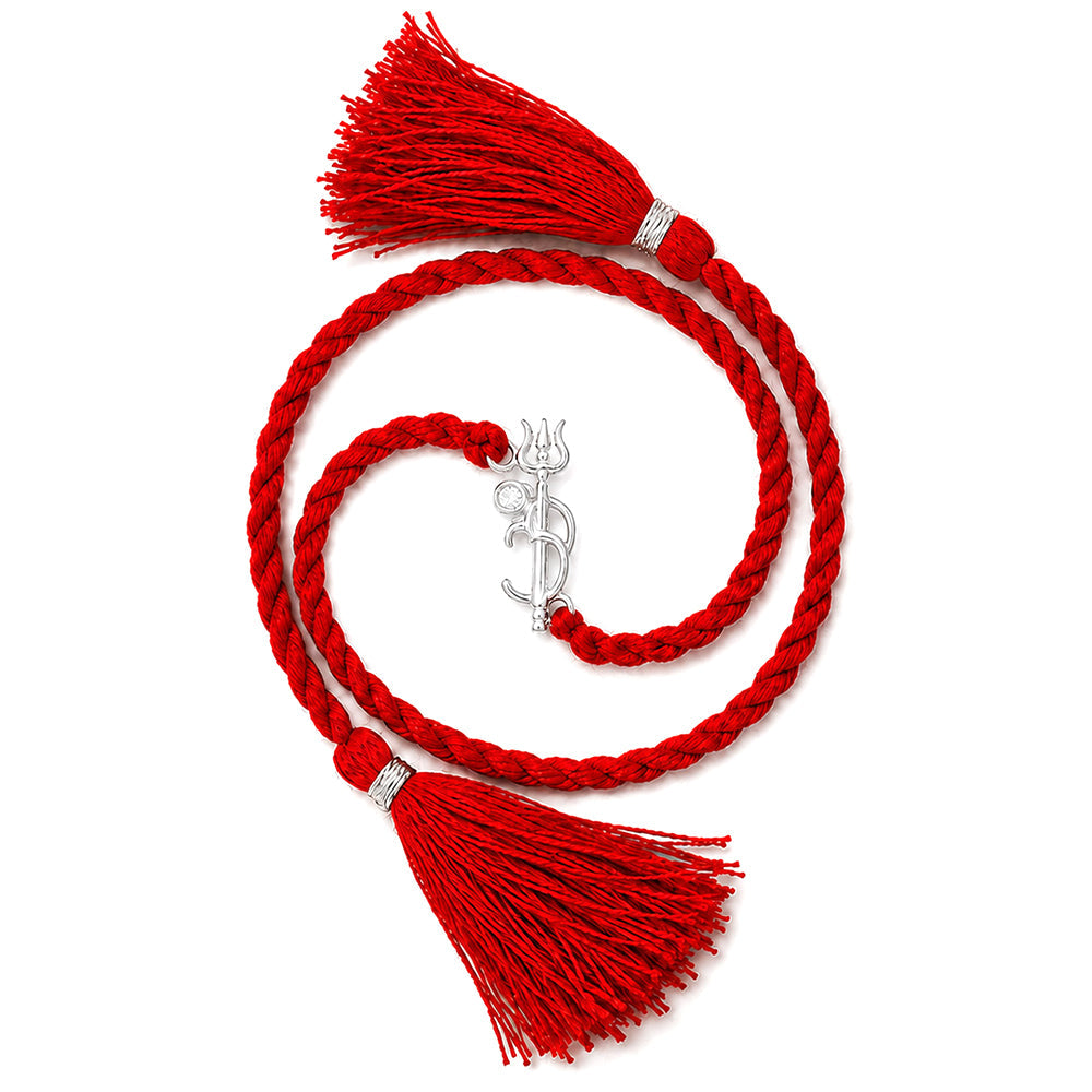 Divine Om & Trishul CZ Rhodium Plated Silver Thread Rakhi