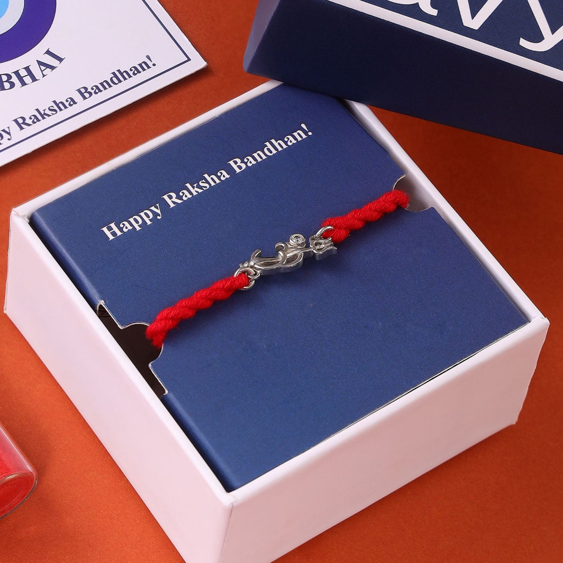 Divine Om & Trishul Charm Rakhi CZ Sterling Silver Thread Rakhi Combo