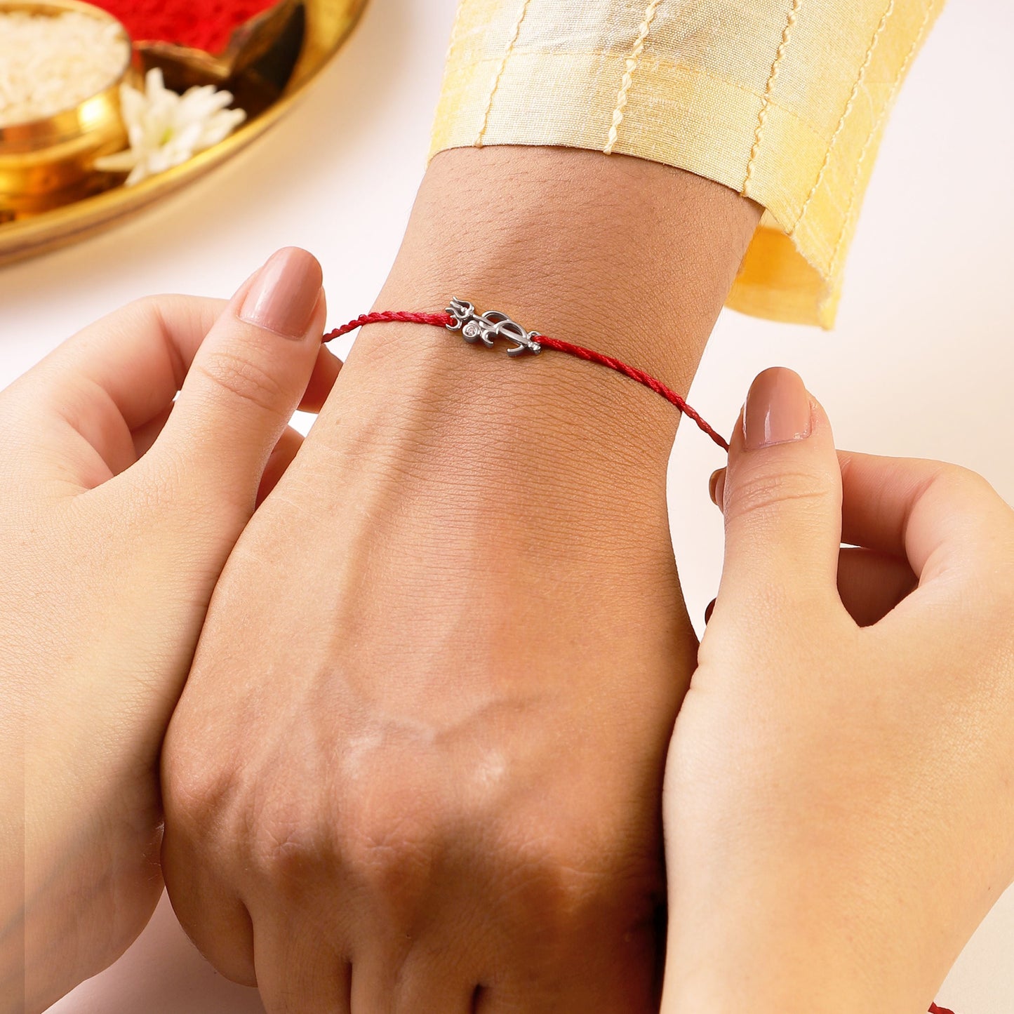 Divine Om & Trishul Charm Rakhi CZ Sterling Silver Thread Rakhi Combo