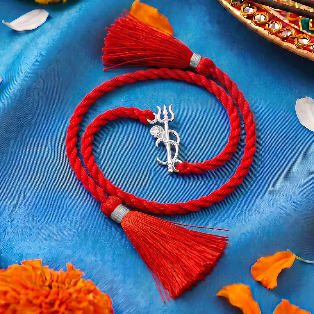Divine Om & Trishul CZ Rhodium Plated Silver Thread Rakhi