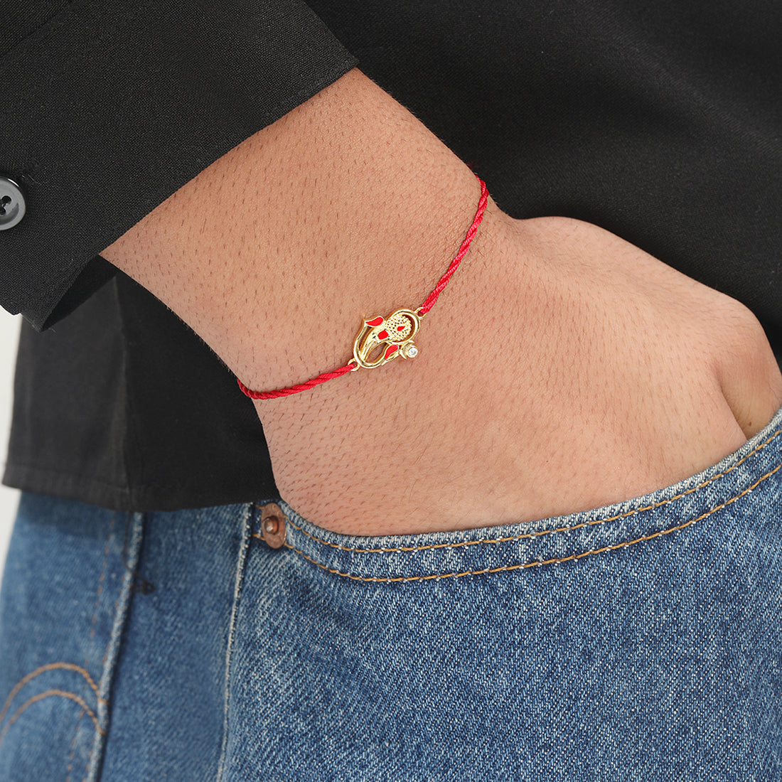 Auspicious Lord Ganesh Ji CZ Gold Plated Silver Thread Rakhi