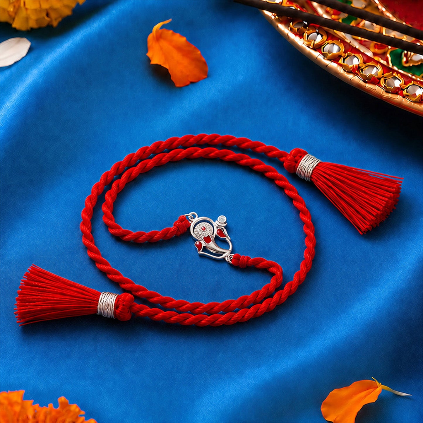 Divine Ganesha Blessings Rhodium-Plated 925 Sterling Silver Thread Rakhi