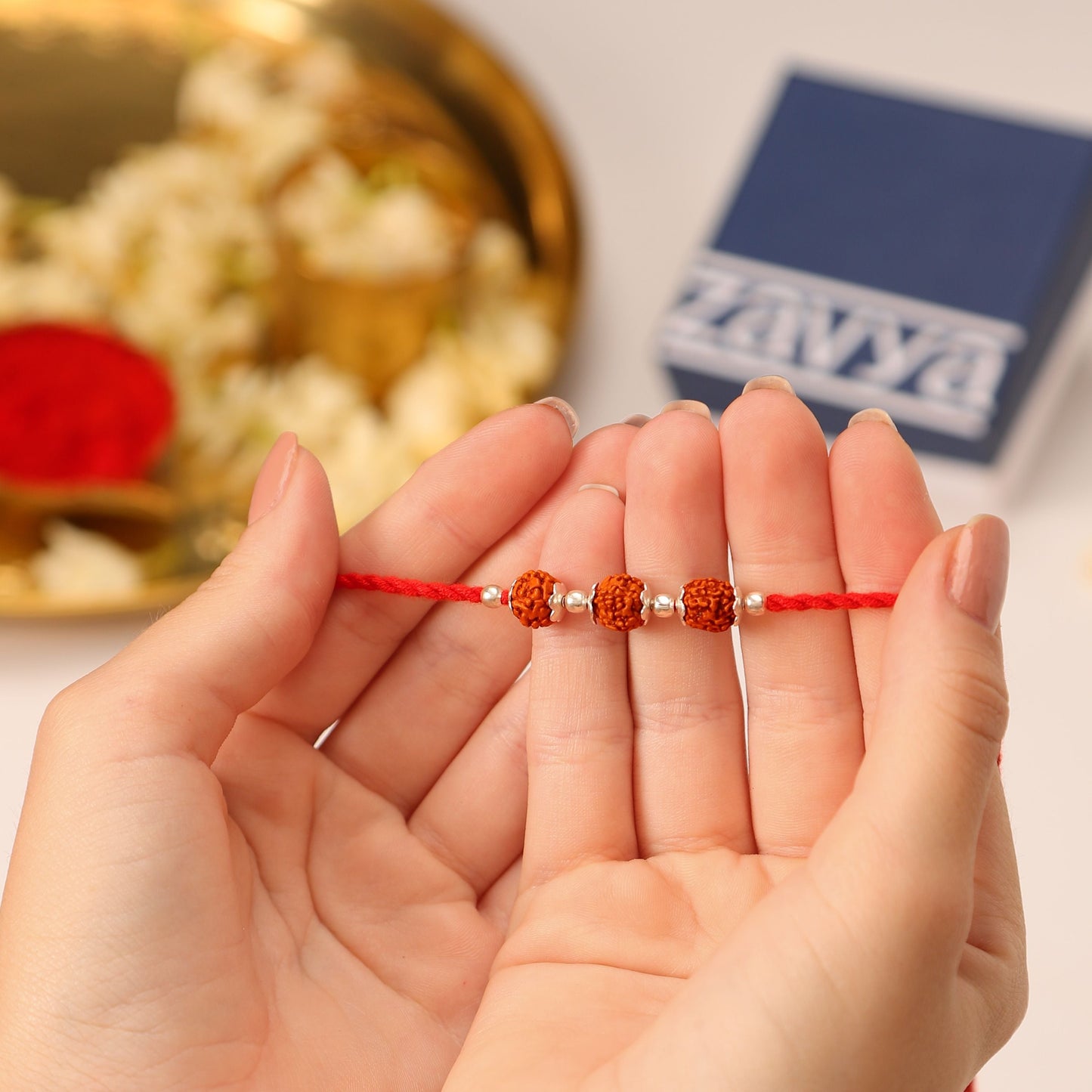 Elegant Heart & Divine Rudraksha Rhodium-Plated 925 Silver Bhai-Bhabhi Rakhi Combo