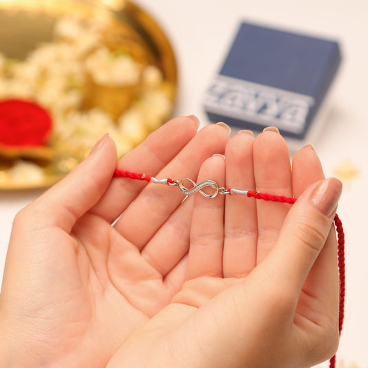 Infinity Symbol With Cubic Zirconia Rhodium-Plated Thread Rakhi For Him
