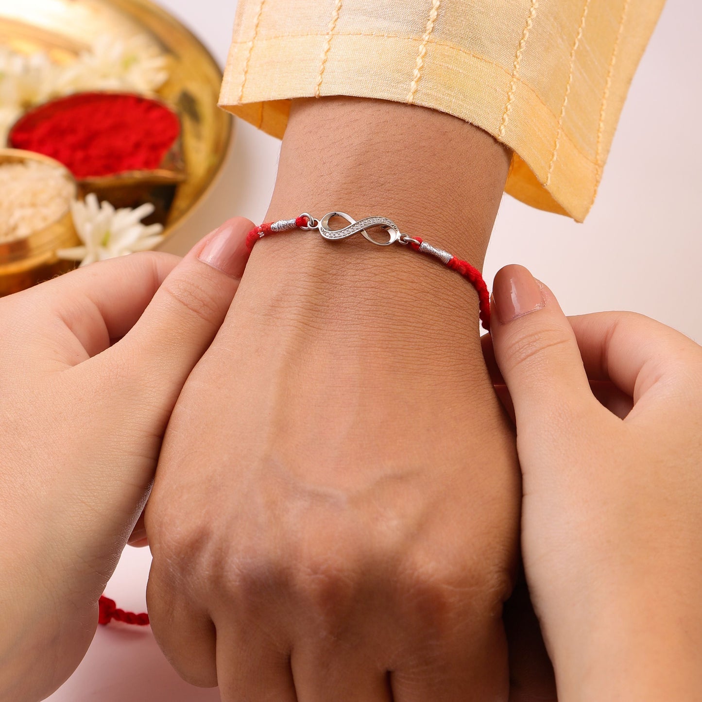 Infinity Symbol With Cubic Zirconia Rhodium-Plated Thread Rakhi For Him