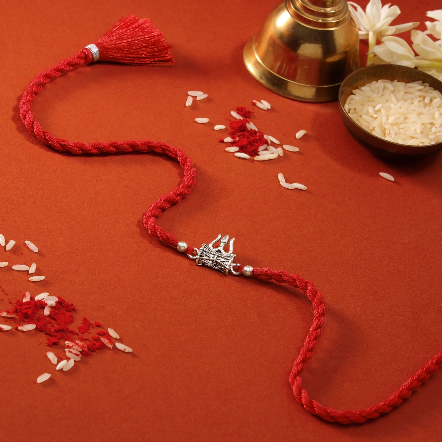 Divine Lord Shiva Trishul Rakhi With White Stones Rhodium-Plated Sterling Silver Thread Rakhi For Him