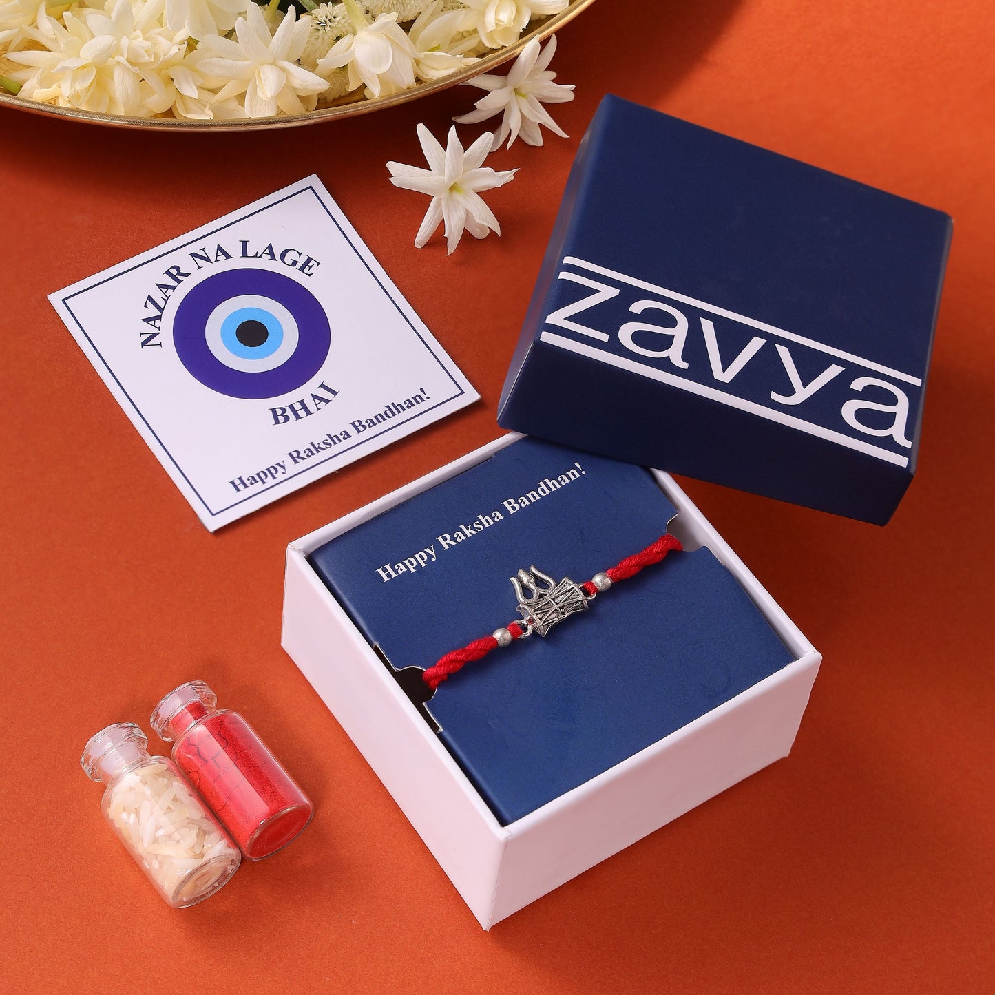 Divine Lord Shiva Trishul Rakhi With White Stones Rhodium-Plated Sterling Silver Thread Rakhi For Him