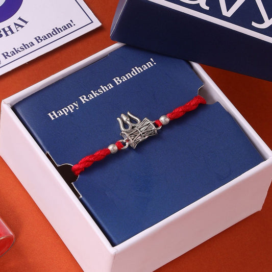 Divine Lord Shiva Trishul Rakhi With White Stones Rhodium-Plated Sterling Silver Thread Rakhi For Him
