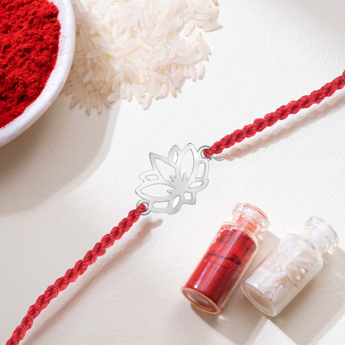 Lotus Blossom Rhodium Plated Silver Thread Rakhi