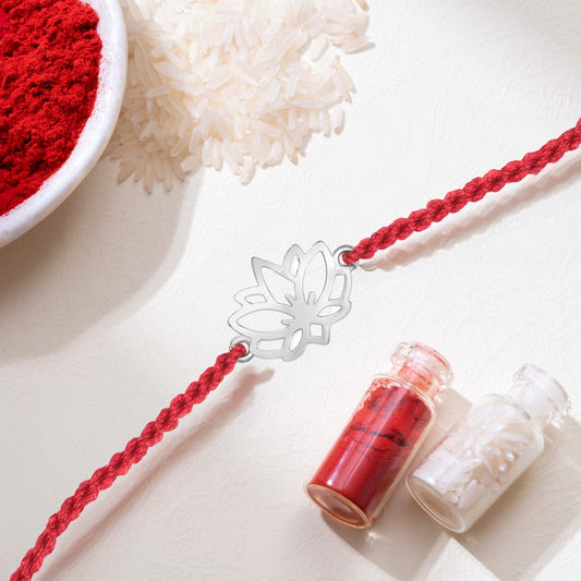 Lotus Blossom Rhodium Plated Silver Thread Rakhi