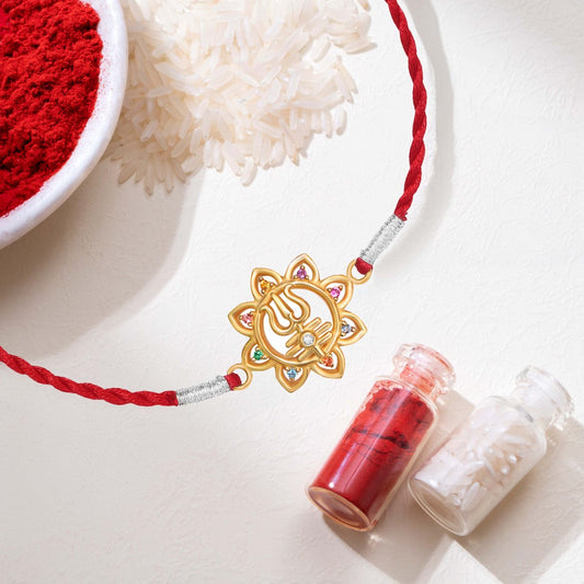Lord Shiva Trishul CZ Gold Plated Silver Rakhi