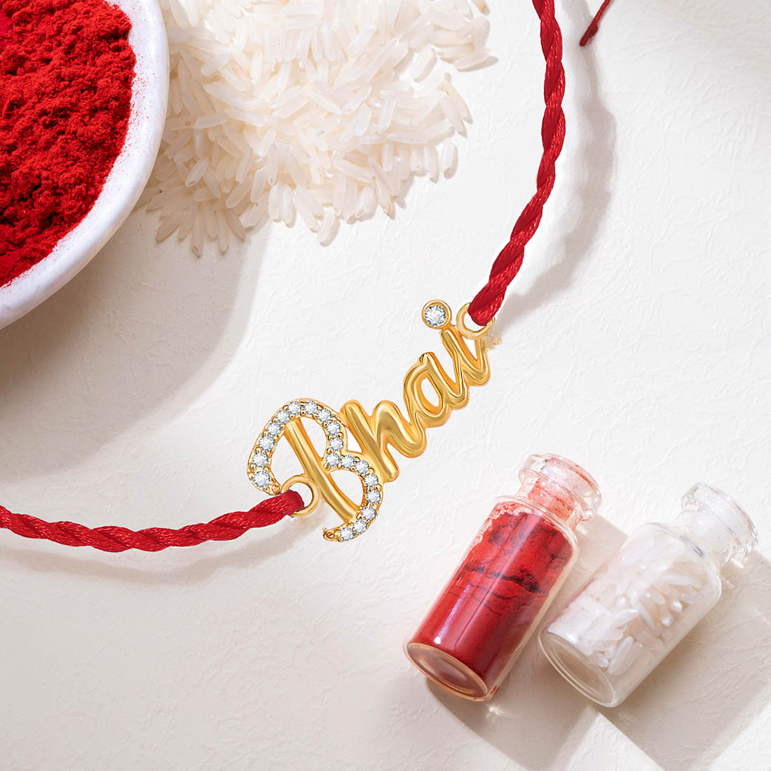 Shining Star Bhai CZ Gold Plated Silver Thread Rakhi