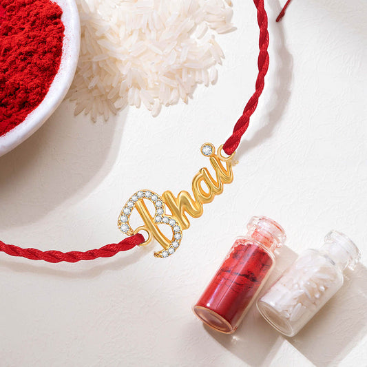 Shining Star Bhai CZ Gold Plated Silver Thread Rakhi