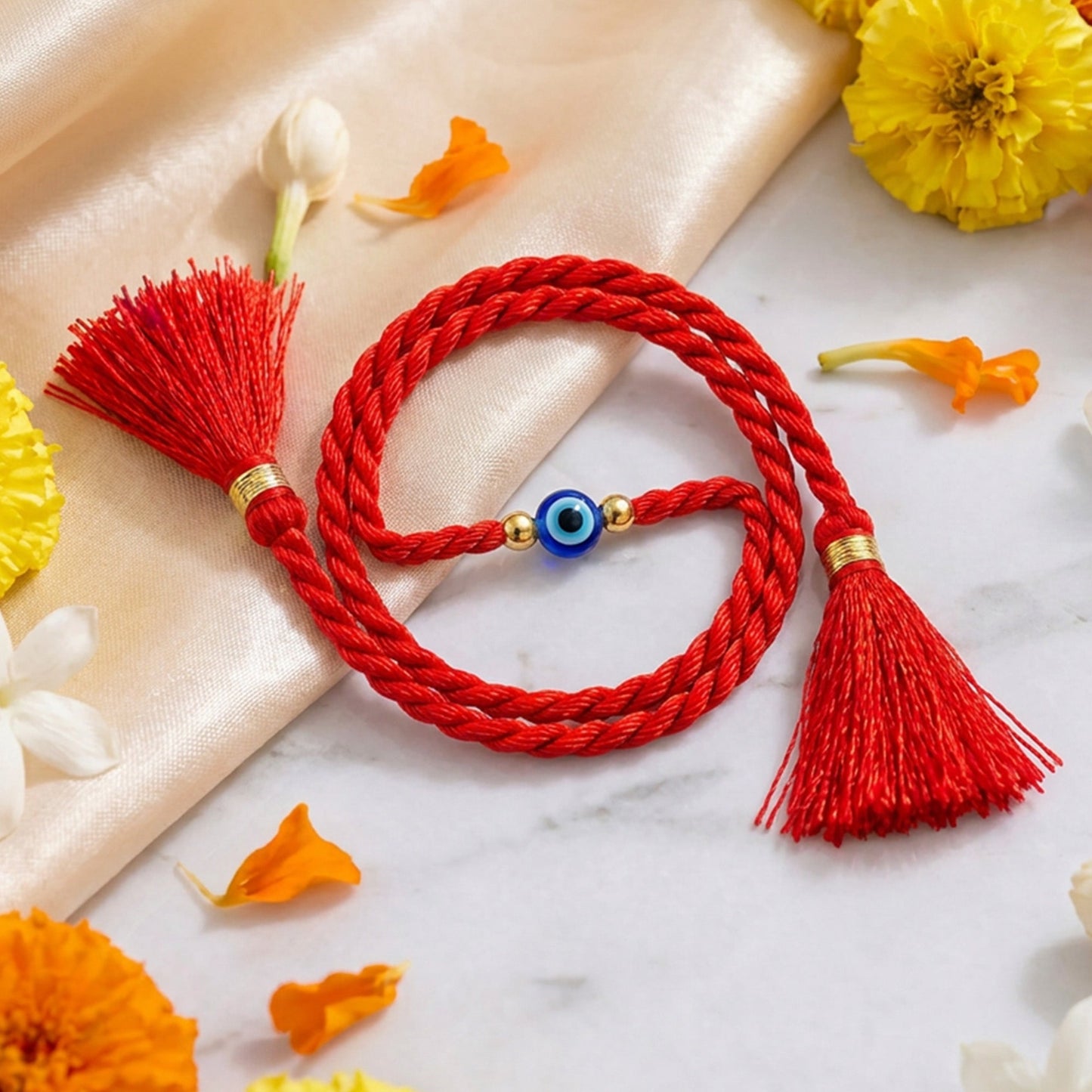Protective Evil Eye Gold Plated Beaded Silver Rakhi (ALVINA Signature)