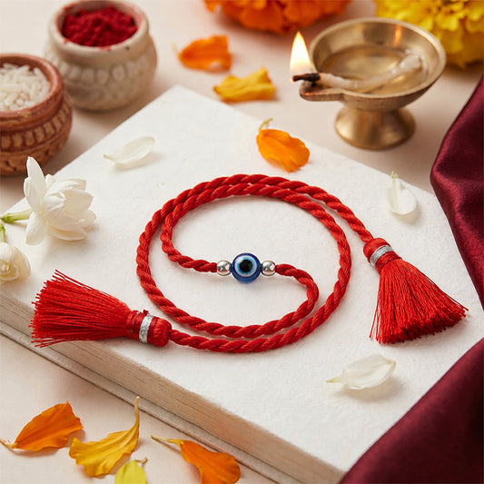 Classic Evil Eye Beaded Silver Thread Rakhi (ALVINA Signature)
