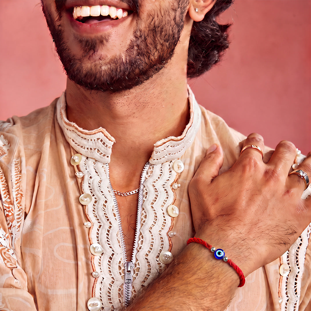 Classic Evil Eye Beaded Silver Thread Rakhi (ALVINA Signature)