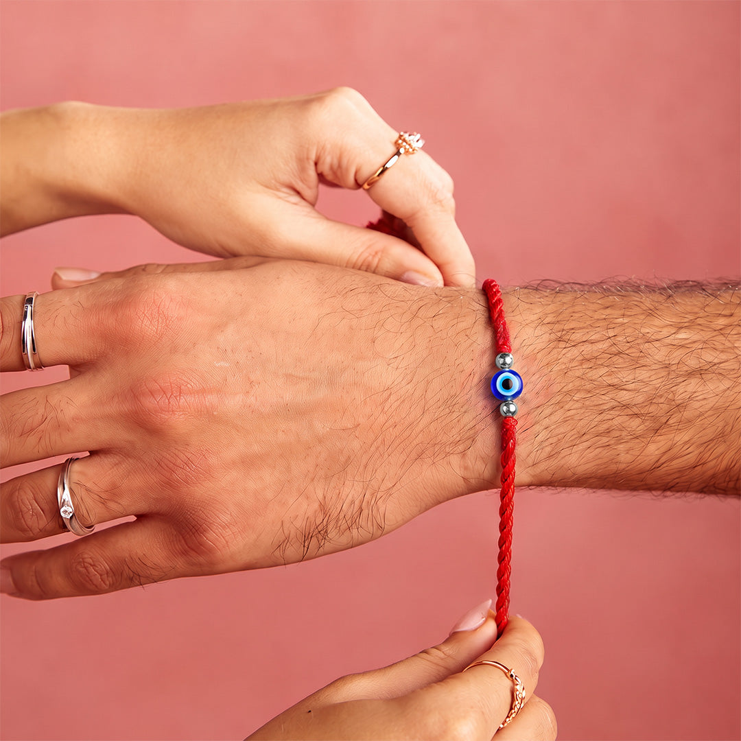 Classic Evil Eye Beaded Silver Thread Rakhi (ALVINA Signature)