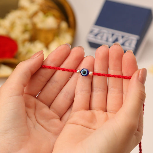 Evil Eye White Stone Silver Thread Rakhi (ALVINA Signature)