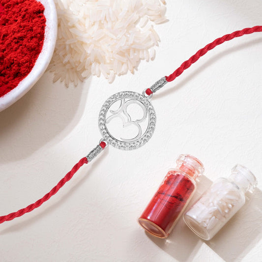 Divine Om With Cubic Zirconia Rhodium-Plated Sterling Silver Thread Rakhi For Him