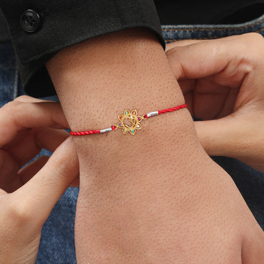Elegant Om With Multi Coloured Cubic Zirconia Gold-Plated Sterling Silver Thread Rakhi For Him