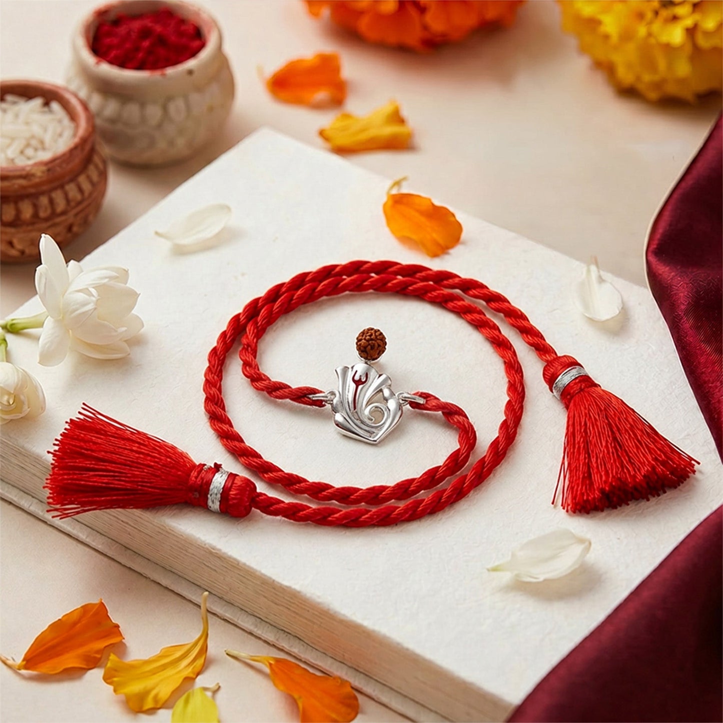 Lord Ganesha Rudraksha Rhodium Silver Rakhi (ALVINA Signature)