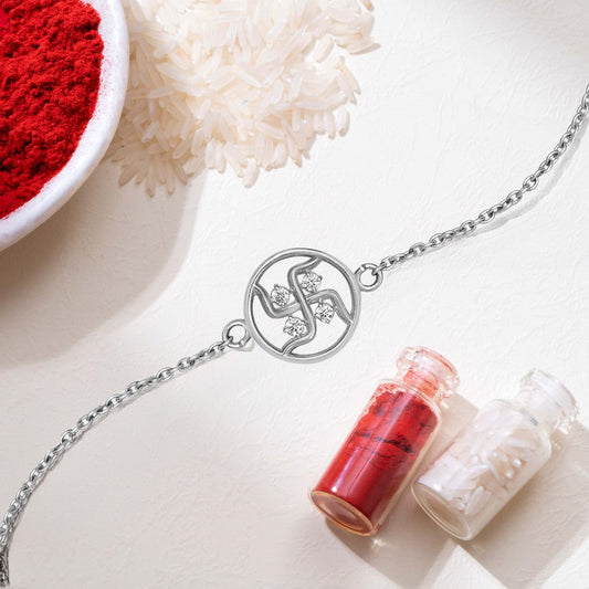 Swastik Charm With Cubic Zirconia Rhodium-Plated Sterling Silver Adjustable Link Chain Rakhi For Him