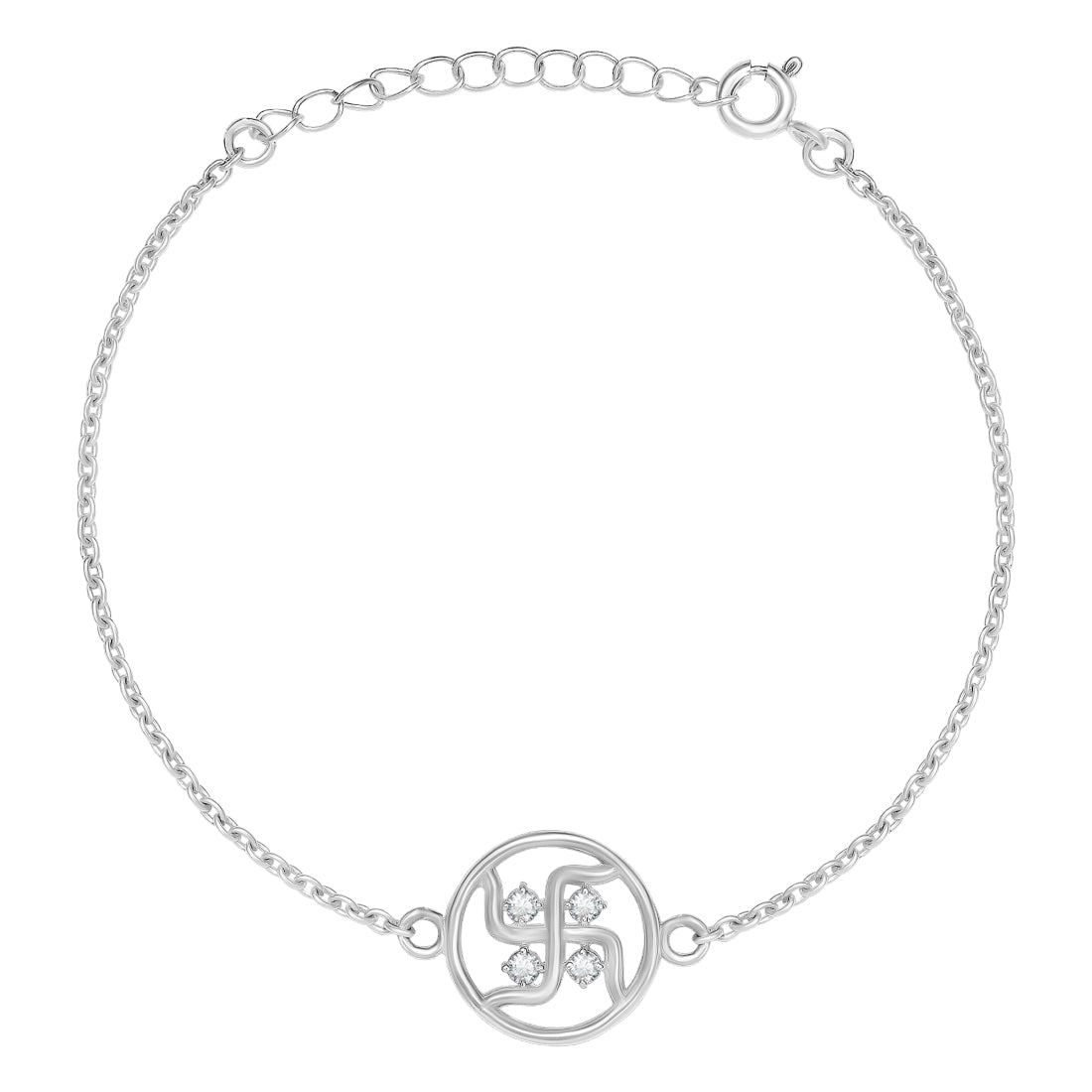 Swastik Charm With Cubic Zirconia Rhodium-Plated Sterling Silver Adjustable Link Chain Rakhi For Him