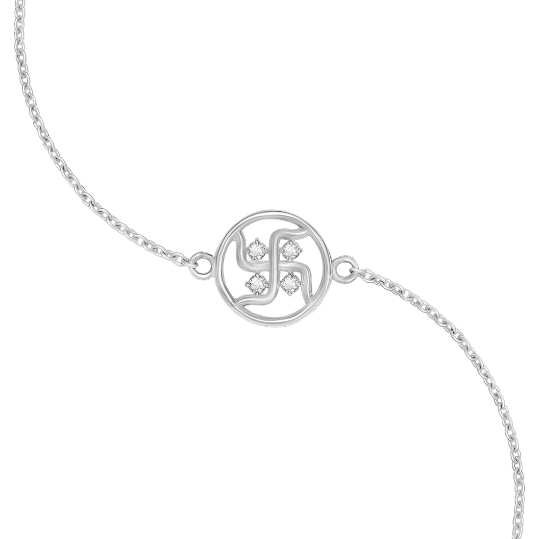 Swastik Charm With Cubic Zirconia Rhodium-Plated Sterling Silver Adjustable Link Chain Rakhi For Him
