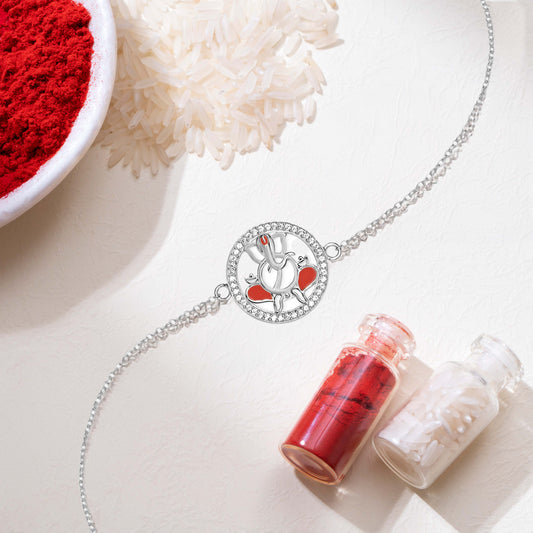 Ganesh Ji Blessings Rhodium-Plated CZ Sterling Silver Chain Rakhi
