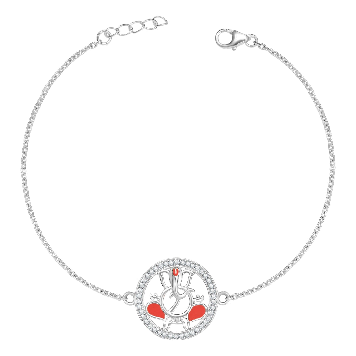 Ganesh Ji Blessings Rhodium-Plated CZ Sterling Silver Chain Rakhi