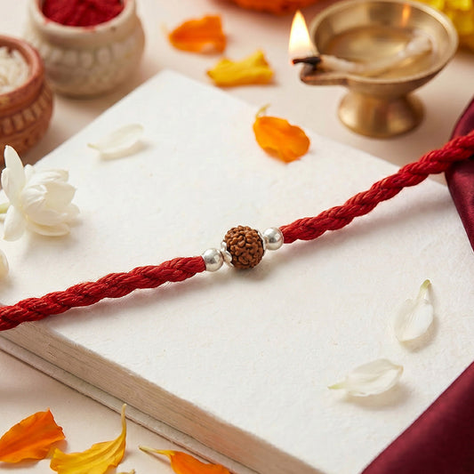 Divine Rudraksha Rhodium Plated 925 Silver Rakhi (ALVINA Signature)