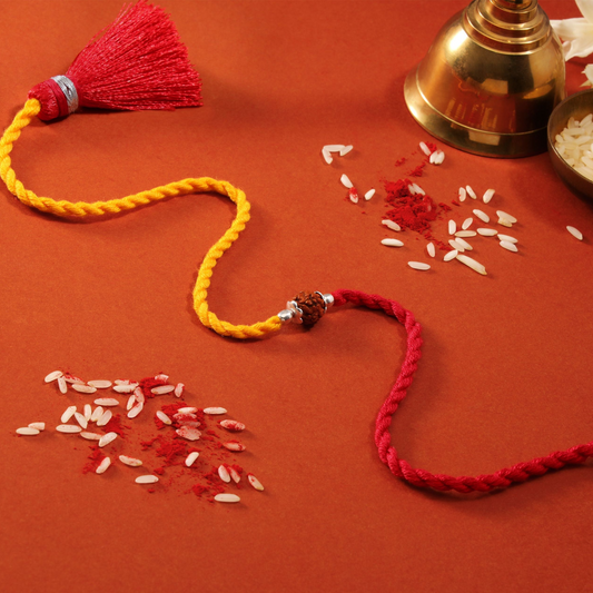 Beaded Rudraksh Rhodium Plated Silver Two Tone Thread Rakhi