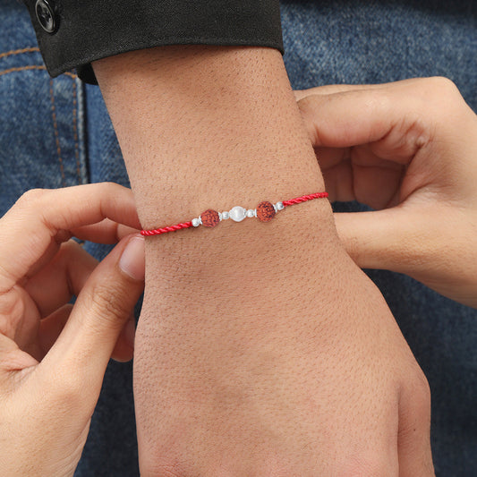 Sacred Rudraksh Pearl Rhodium-Plated Sterling Silver Thread Rakhi For Him