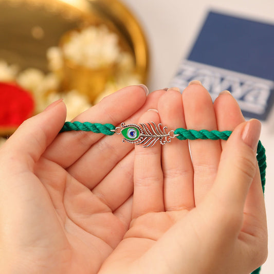 Peacock Feather Oxidised Silver Rakhi (ALVINA Signature)