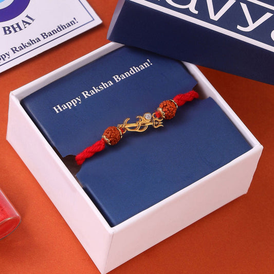 Om Trishul Charm Gold Plated Silver Rudraksha Beads Rakhi