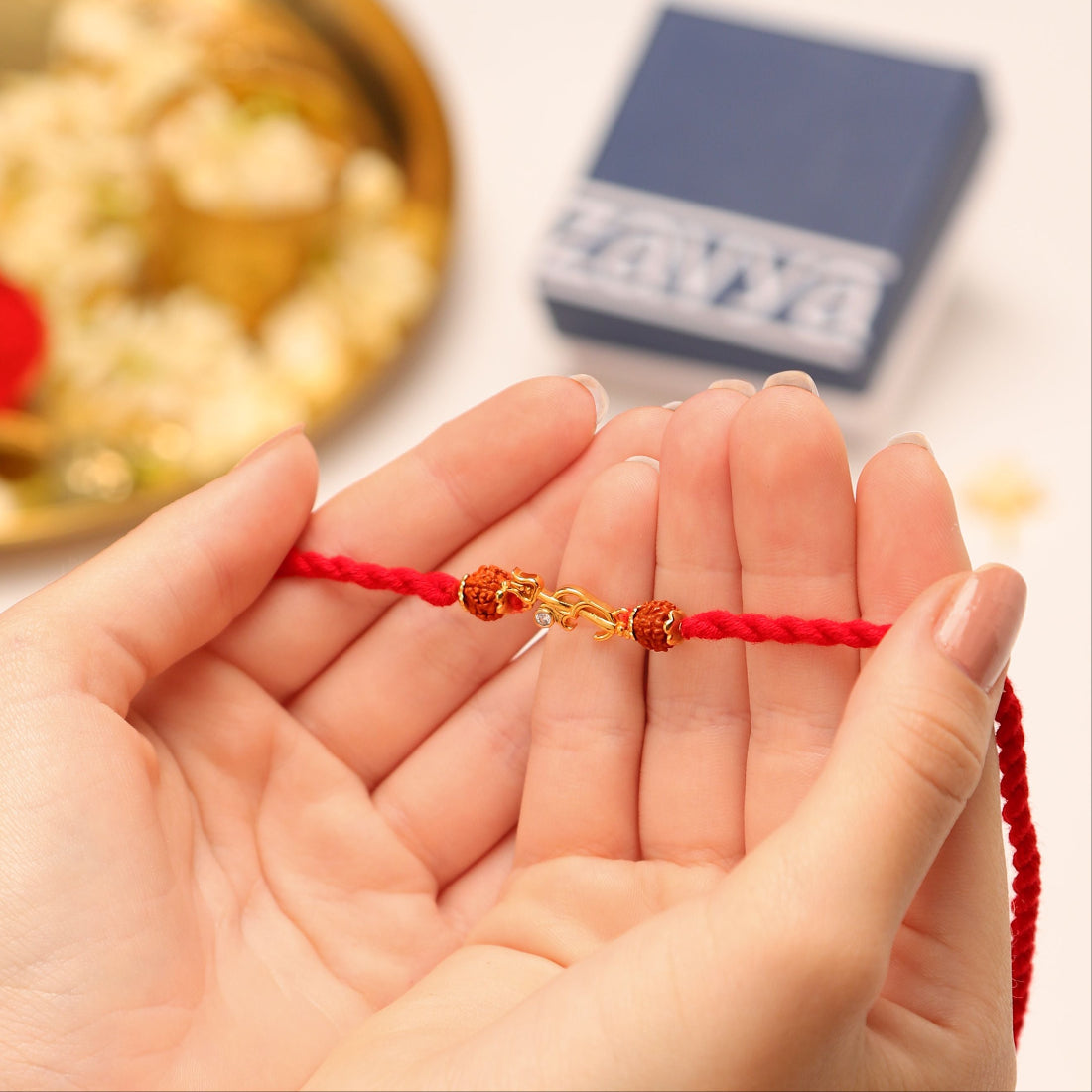 Om Trishul Charm Gold Plated Silver Rudraksha Beads Rakhi