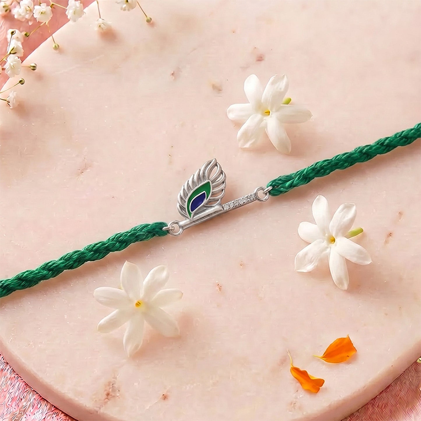 Peacock Feather Charm Oxidised 925 Sterling Silver Thread Rakhi for Him
