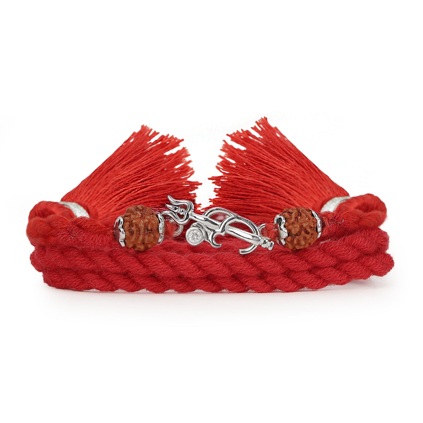 Om Trishul Rhodium Plated Rudraksha Beads Silver Rakhi